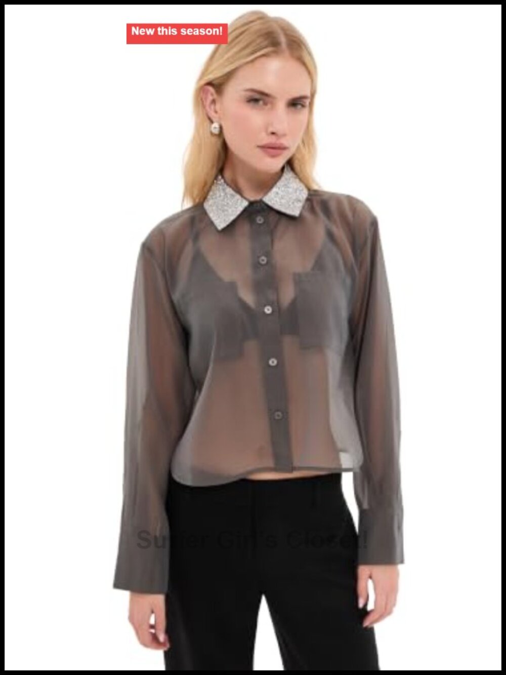 Organza Cropped Button-Down Blouse with Rhinestone Embellished Collar